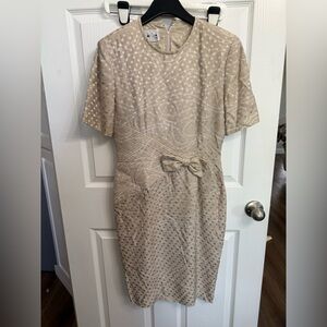 Vintage Albert Nipon 100% Silk Polka Dot Dress Bow Waist Neutral Midi 6 8